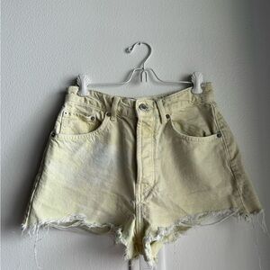 yellow and blue distressed Jean shorts